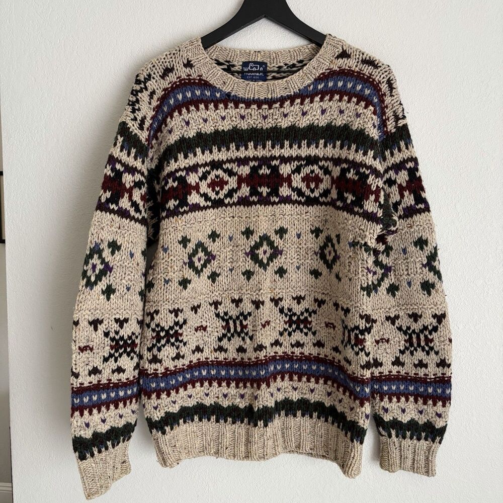 Vintage 80s Woolrich Mens Fair Isle Chunky Knit Sweater Size M